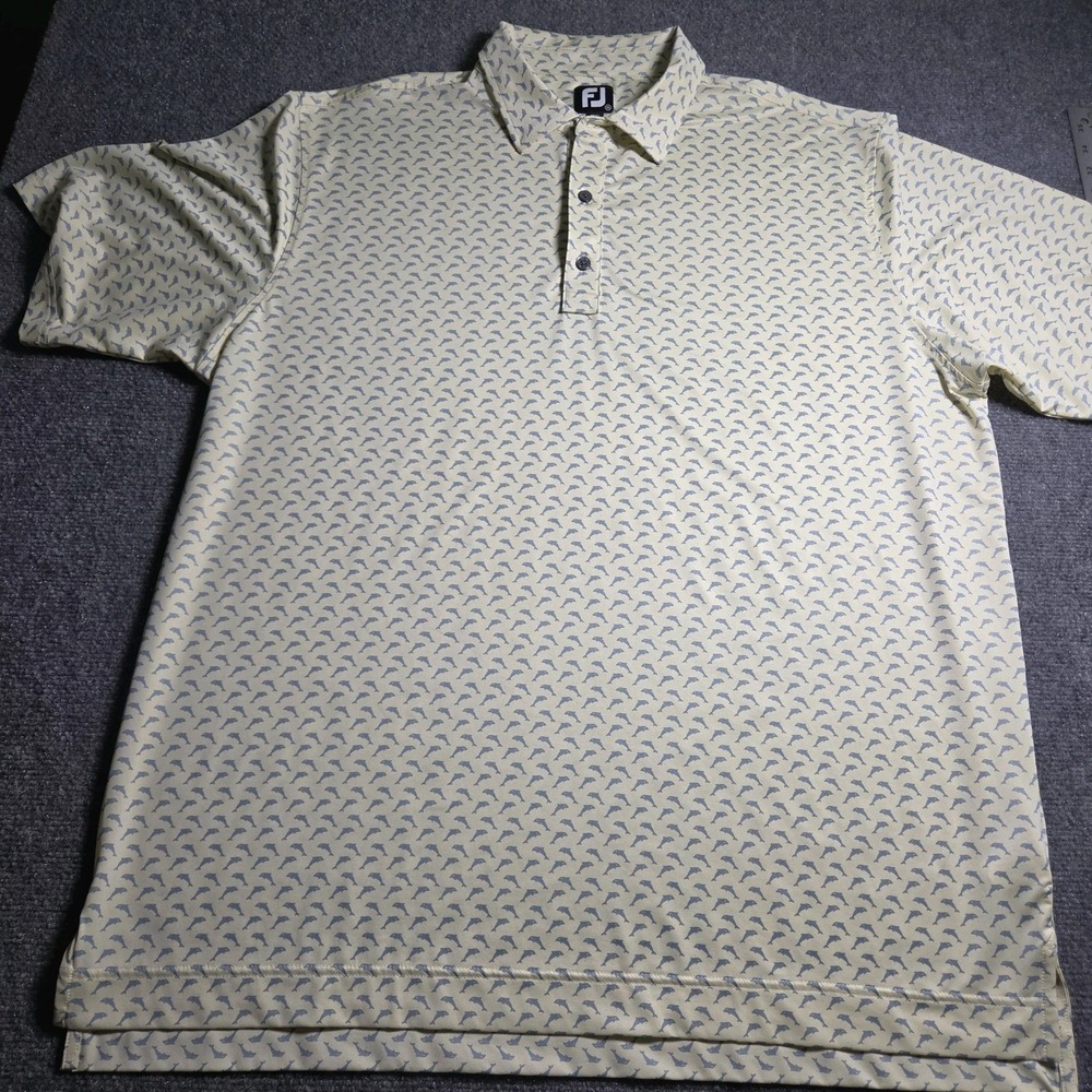 FootJoy Men's XL Tan Shark Print Golf Polo Poly Spandex Breathable Summer Shirt